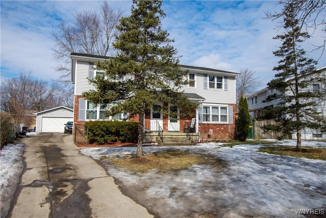 view of front of property featuring brick siding and an outdoor structure