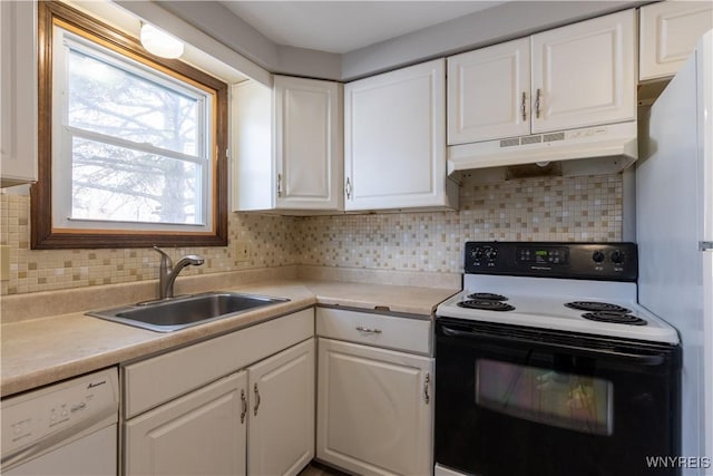 kitchen with a sink, electric range oven, white cabinets, under cabinet range hood, and dishwasher