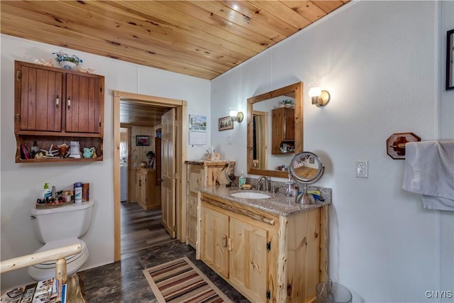 bathroom featuring toilet, wooden ceiling, and vanity