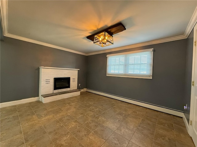 unfurnished living room featuring crown molding, a fireplace, baseboards, and baseboard heating