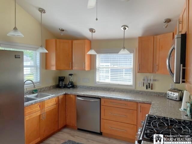 kitchen featuring pendant lighting, a sink, stainless steel appliances, light wood finished floors, and lofted ceiling