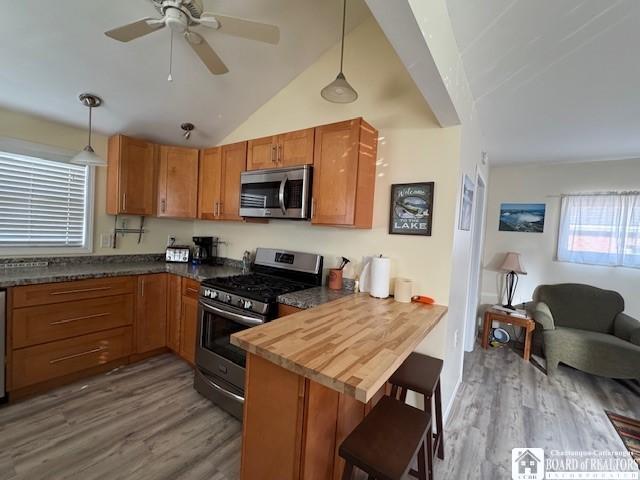 kitchen with stainless steel appliances, a kitchen bar, wood finished floors, and brown cabinetry