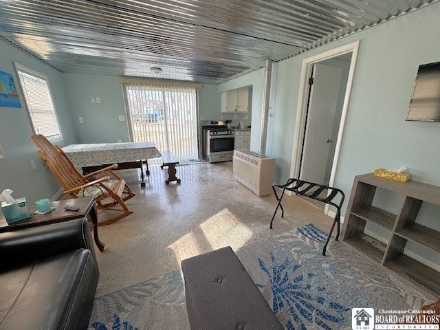 living room featuring a wealth of natural light and concrete floors