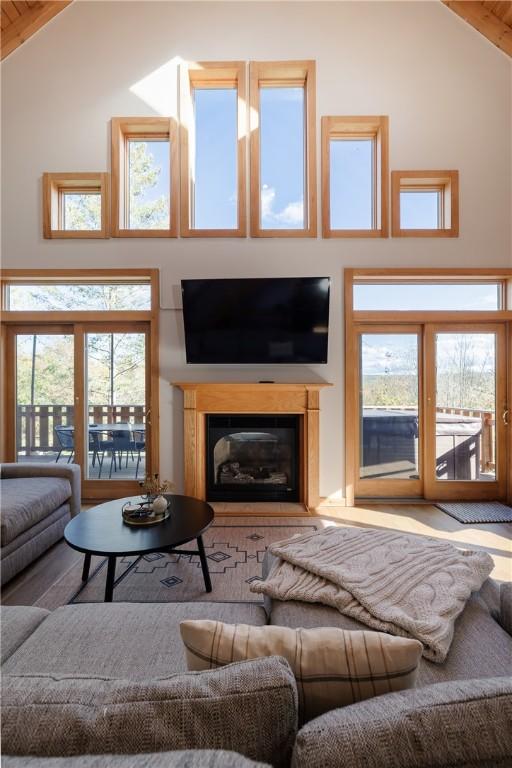 living area with a glass covered fireplace and high vaulted ceiling