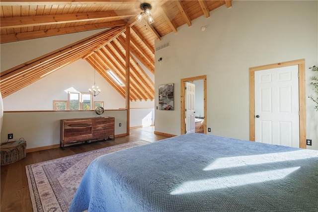 bedroom with visible vents, a chandelier, beam ceiling, wooden ceiling, and wood finished floors