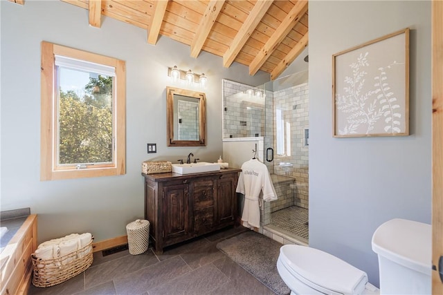 full bath featuring vanity, lofted ceiling with beams, a stall shower, wooden ceiling, and toilet