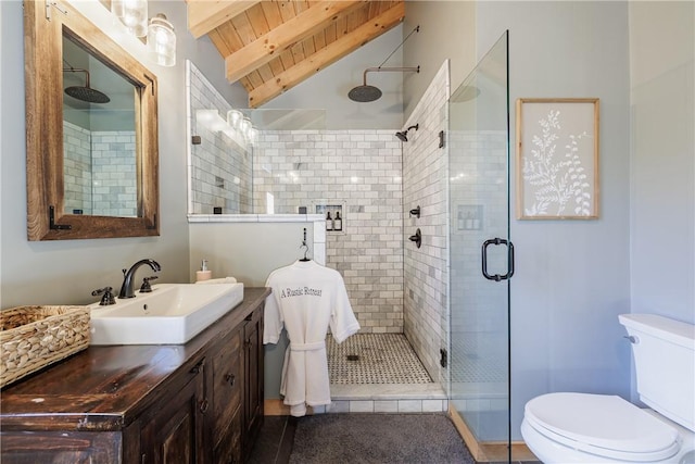 full bathroom with vanity, vaulted ceiling with beams, a shower stall, wooden ceiling, and toilet