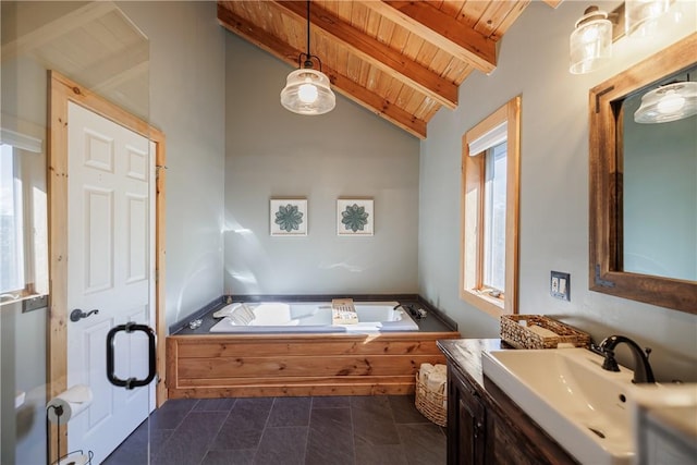 full bath with vanity, a garden tub, lofted ceiling with beams, tile patterned flooring, and wooden ceiling