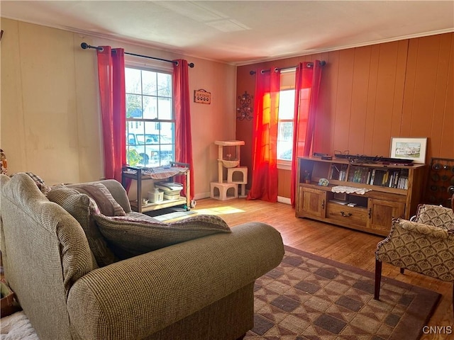 living room with crown molding and wood finished floors