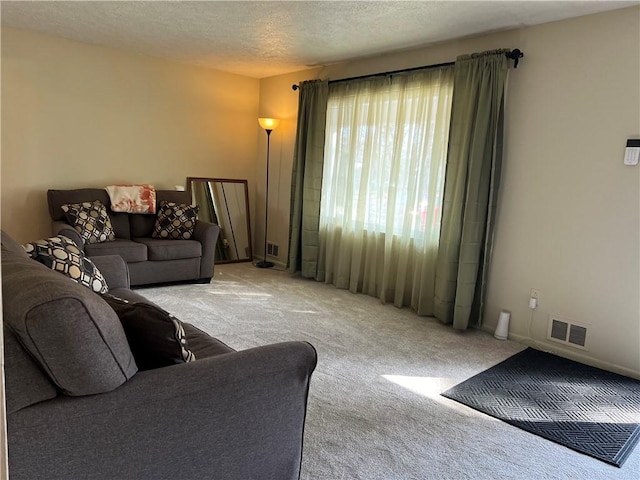 living area with carpet flooring, visible vents, and a textured ceiling