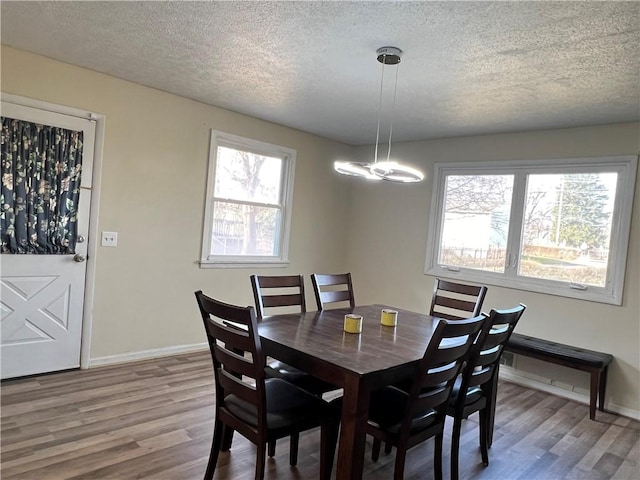 dining room with a textured ceiling, baseboards, and wood finished floors