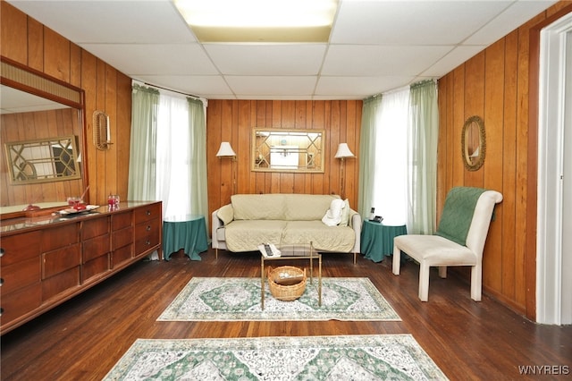 living area featuring wooden walls, dark wood-style floors, and a paneled ceiling