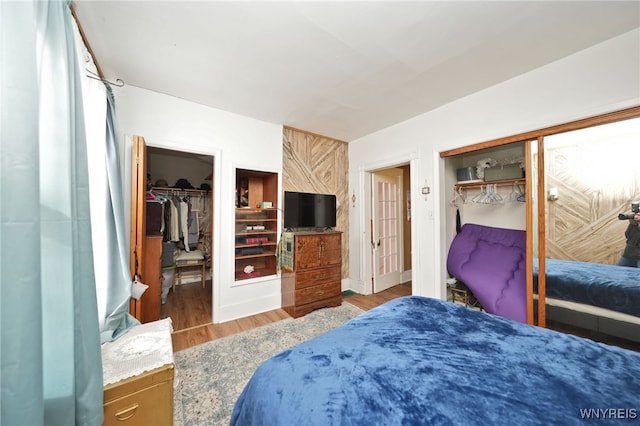 bedroom featuring a closet, a walk in closet, and wood finished floors