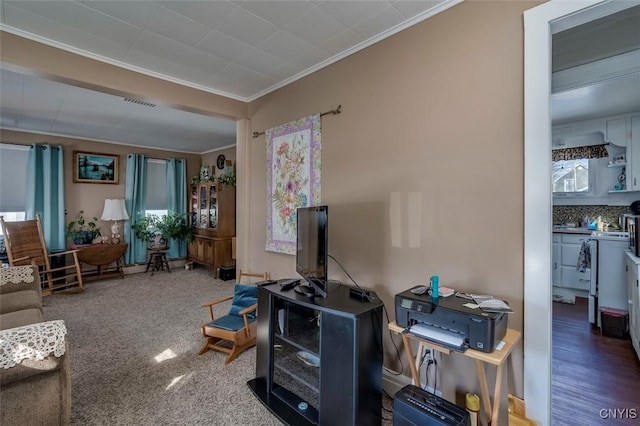 living room featuring visible vents, plenty of natural light, and ornamental molding