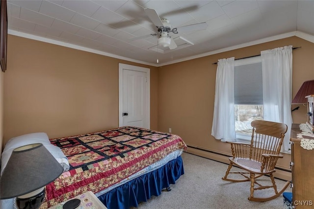 bedroom with carpet flooring, baseboard heating, ceiling fan, and ornamental molding