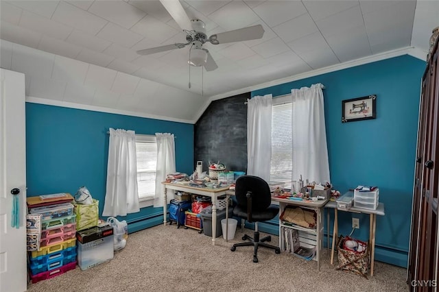 carpeted home office with a baseboard heating unit, crown molding, ceiling fan, and vaulted ceiling