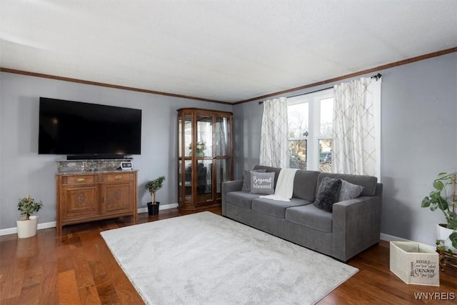 living area with crown molding, baseboards, and dark wood-style flooring