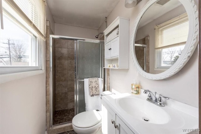 bathroom with vanity, a shower stall, toilet, and a wealth of natural light