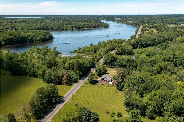 birds eye view of property with a view of trees and a water view