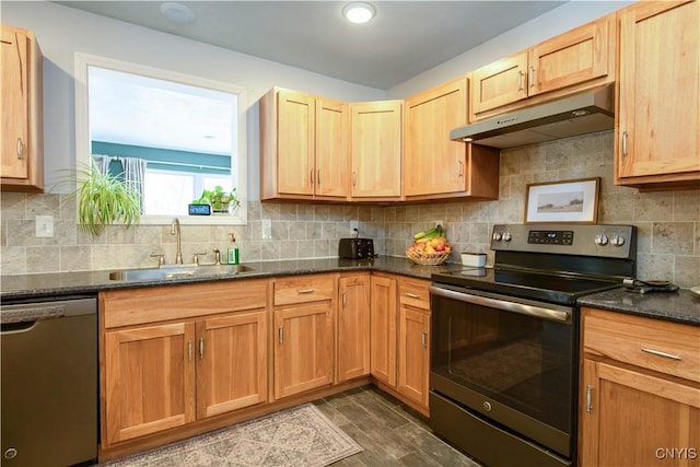 kitchen featuring dark stone counters, a sink, decorative backsplash, stainless steel appliances, and under cabinet range hood