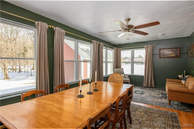 dining area with wood finished floors, plenty of natural light, and ceiling fan