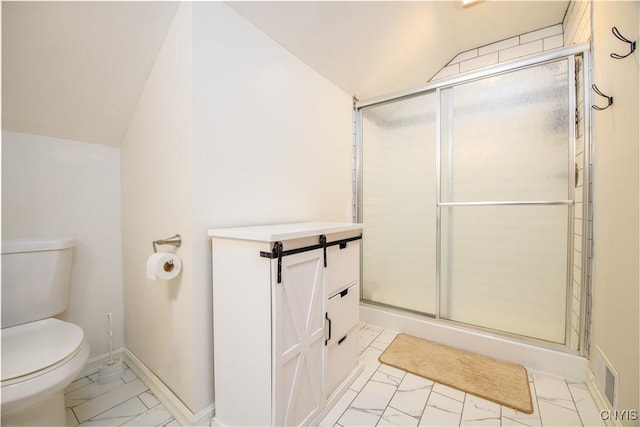 bathroom featuring visible vents, a shower stall, toilet, lofted ceiling, and marble finish floor