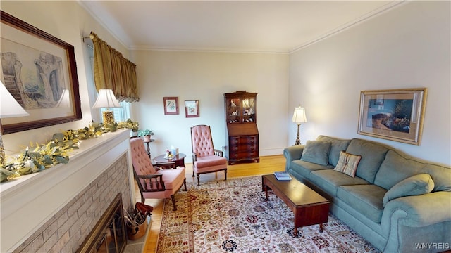 living area featuring crown molding and light wood finished floors