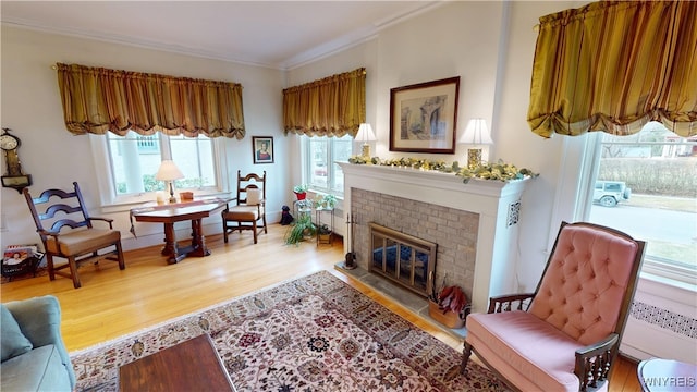 living room featuring crown molding, a brick fireplace, wood finished floors, and baseboards