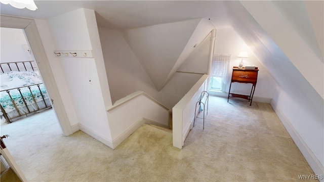 stairway featuring baseboards and carpet