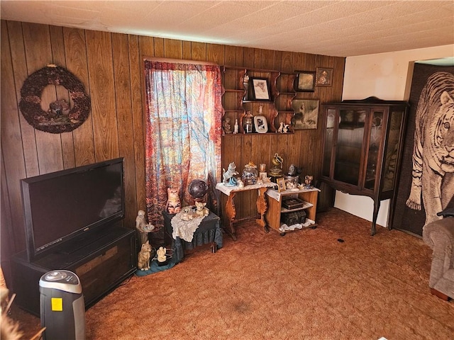 office with wooden walls and carpet flooring