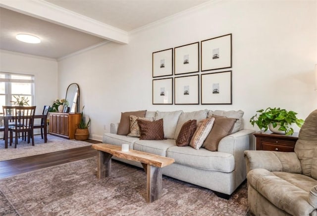 living area with beamed ceiling, wood finished floors, baseboards, and ornamental molding