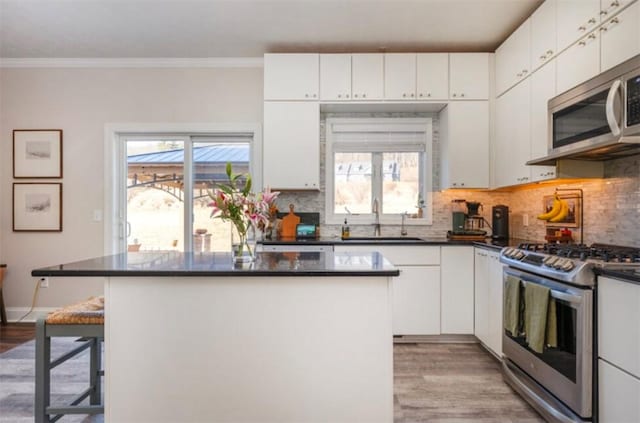 kitchen with a sink, white cabinets, and stainless steel appliances