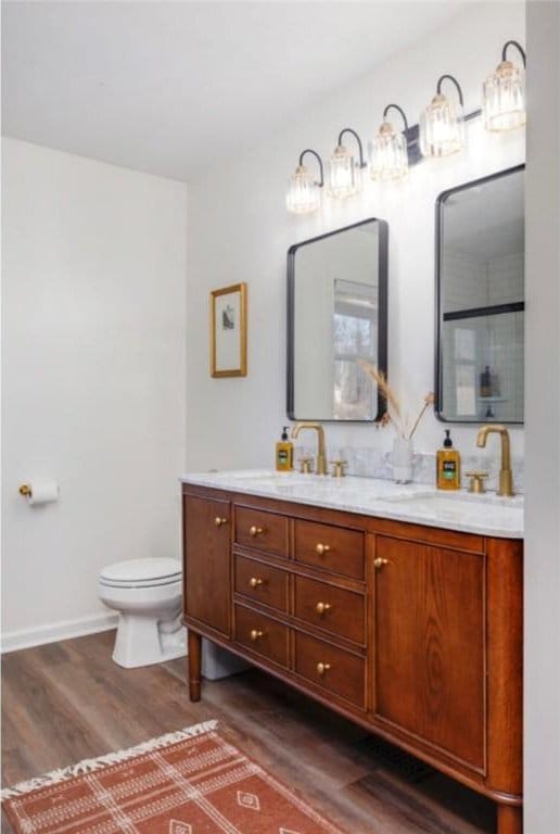 full bath featuring a sink, toilet, wood finished floors, and double vanity