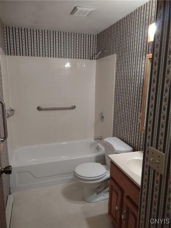 full bathroom featuring visible vents, wallpapered walls, toilet, shower / bathtub combination, and vanity