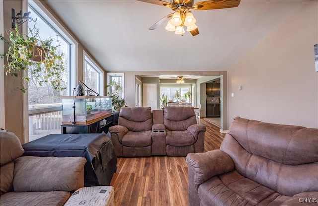 living area with wood finished floors, a ceiling fan, and vaulted ceiling