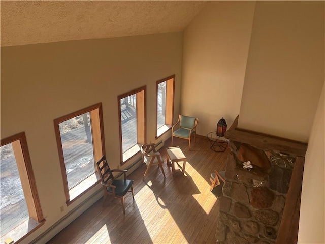 interior space featuring vaulted ceiling, a baseboard radiator, a textured ceiling, and wood-type flooring