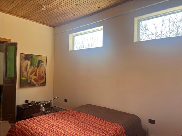 bedroom featuring wooden ceiling and a baseboard radiator