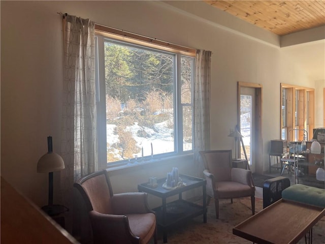 living area with wooden ceiling