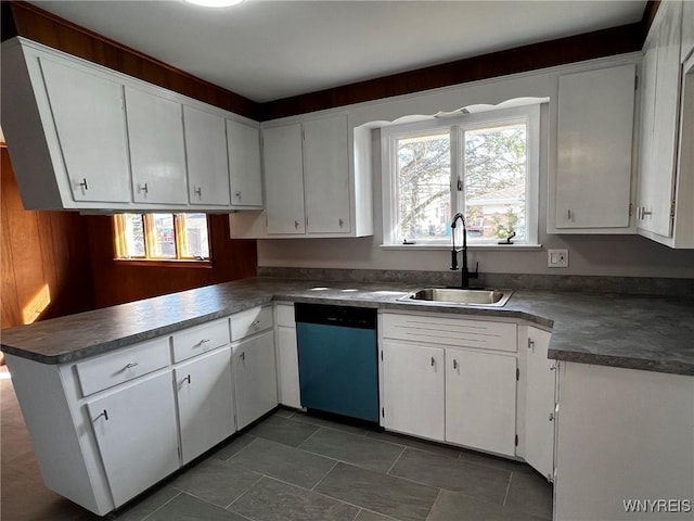 kitchen with a sink, dishwashing machine, dark countertops, and white cabinets