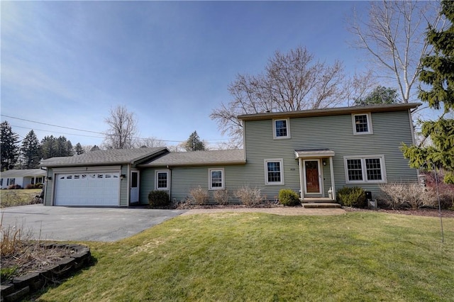 view of front of home with a garage, a front lawn, and aphalt driveway