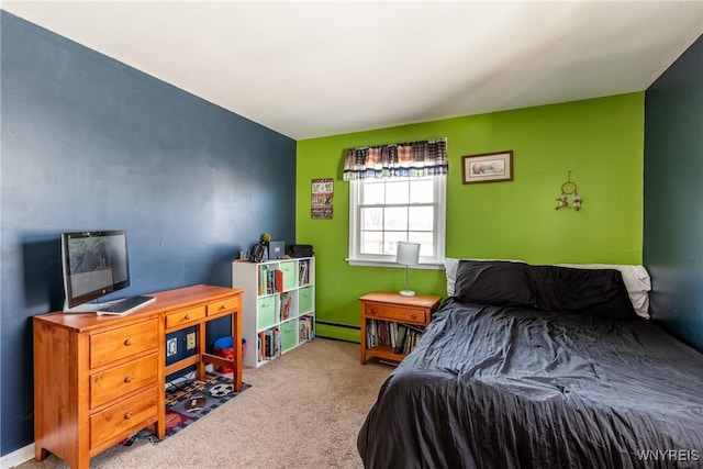 carpeted bedroom featuring a baseboard radiator