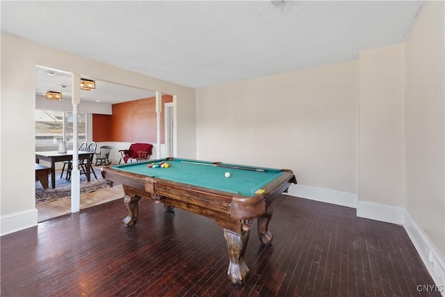 recreation room with baseboards, pool table, and hardwood / wood-style flooring