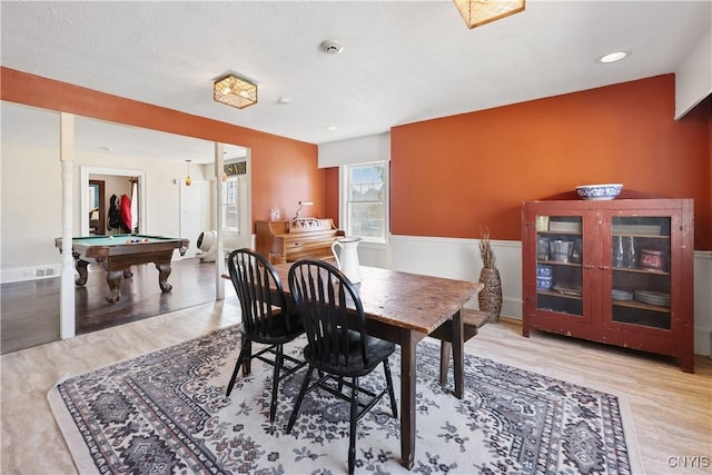 dining area featuring recessed lighting, visible vents, billiards, and light wood finished floors