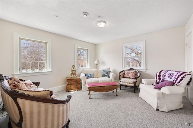 carpeted living room with baseboards and a textured ceiling