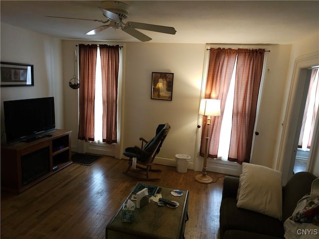 living room featuring a ceiling fan and wood-type flooring