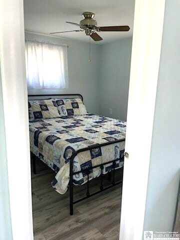 bedroom with wood finished floors and ceiling fan