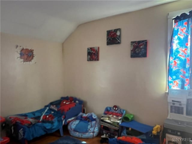 bedroom featuring vaulted ceiling