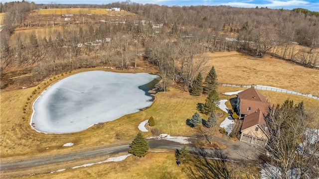 drone / aerial view featuring a wooded view