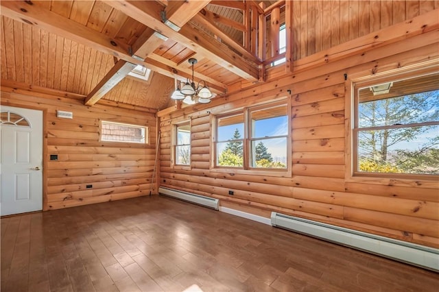 empty room with hardwood / wood-style floors, a wealth of natural light, wood ceiling, and baseboard heating