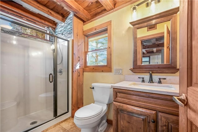 full bathroom featuring beamed ceiling, wood ceiling, toilet, a stall shower, and vanity